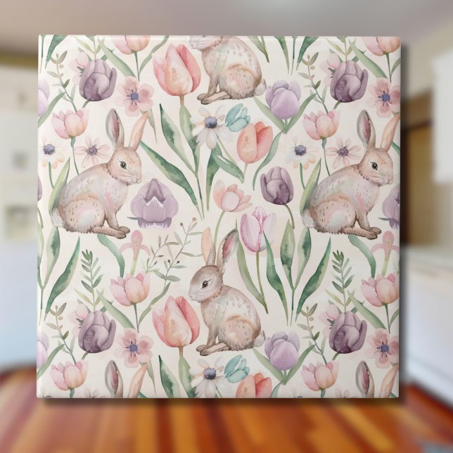 Cute Gray Bunny with Colorful Tulips Ceramic Tile (Creator Uploaded)