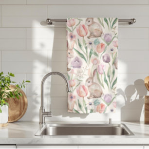 Cute Gray Bunny with Colorful Tulips Tea Towel