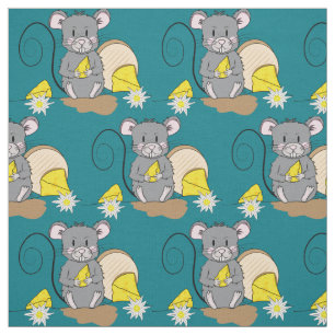 Cute gray cartoon mouse dark turquoise fabric