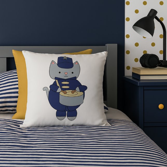 Cute Gray Cat Marching Band Drummer Music Cushion (A throw pillow with a cat playing a snare drum while wearing  navy blue & gold marching band uniform)