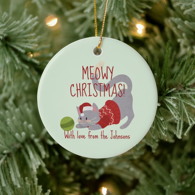 Cute Gray Cat with Christmas Hat Ceramic Ornament (Tree)