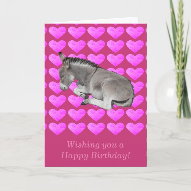 Cute gray donkey on pink hearts birthday card (Front)