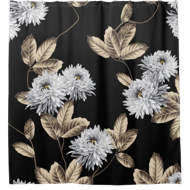 cute gray flowers with brown leaf pattern on black shower curtain (Front)