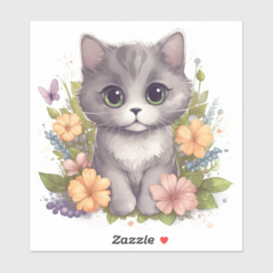Cute Gray Kitten with Spring Flowers