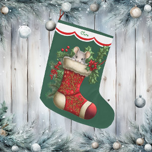 Cute Gray Mouse Peeking Large Christmas Stocking
