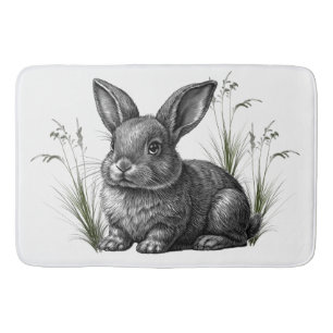 Cute Gray Rabbit Among the Grass Bath Mat