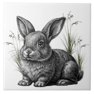 Cute Gray Rabbit Among the Grass Ceramic Tile