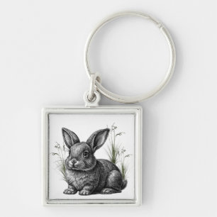 Cute Gray Rabbit Among the Grass Key Ring