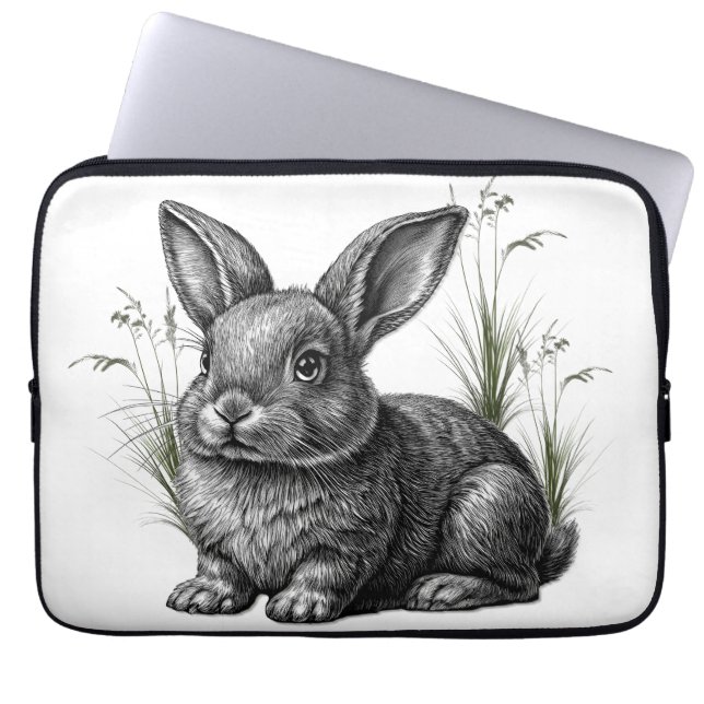 Cute Gray Rabbit Among the Grass Laptop Sleeve (Front)