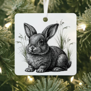 Cute Gray Rabbit Among the Grass Metal Tree Decoration