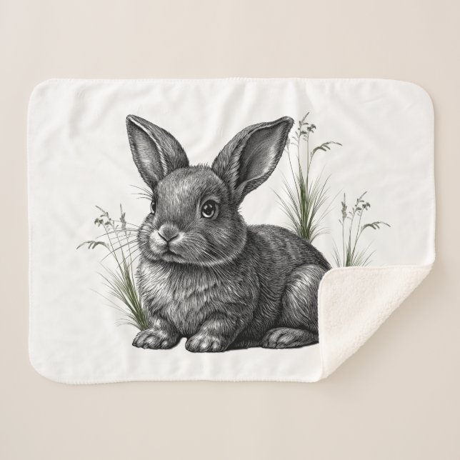 Cute Gray Rabbit Among the Grass Sherpa Blanket (Front (Horizontal))
