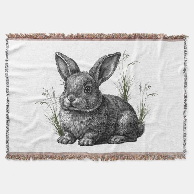 Cute Gray Rabbit Among the Grass Throw Blanket (Front)
