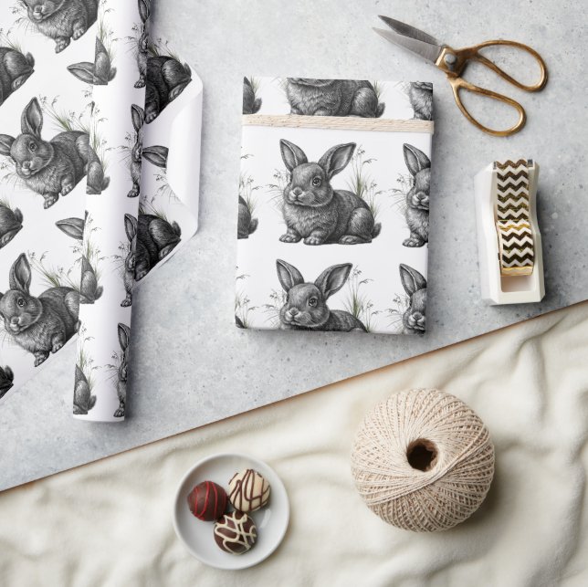 Cute Gray Rabbit Among the Grass Wrapping Paper (Crafts)