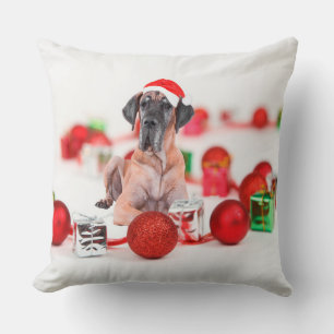 Cute Great Dane Dog Christmas Santa Hat Cushion