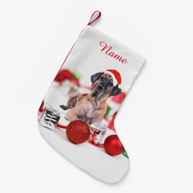 Cute Great Dane Dog Christmas Santa Hat Small Christmas Stocking (Front (Hanging))