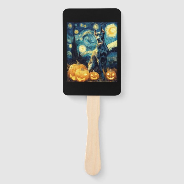 Cute Great Dane Dog Halloween Jack O Lantern Pumpk Hand Fan (Front)