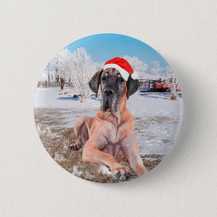 Cute Great Dane Dog Sitting In Snow Christmas Hat 6 Cm Round Badge
