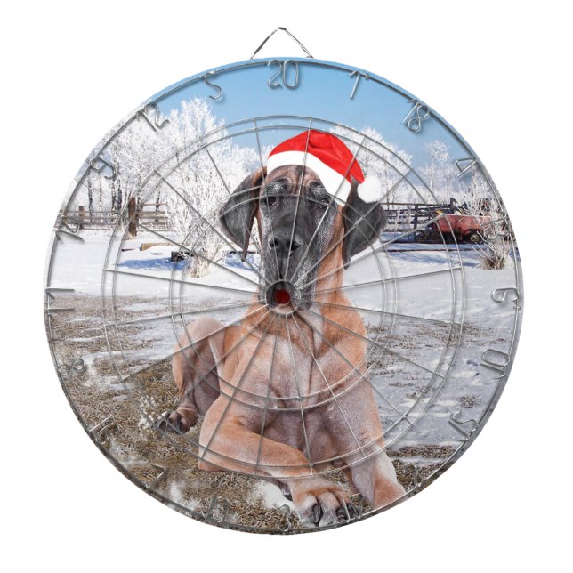 Cute Great Dane Dog Sitting In Snow Christmas Hat Dartboard (Front)