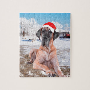 Cute Great Dane Dog Sitting In Snow Christmas Hat Jigsaw Puzzle