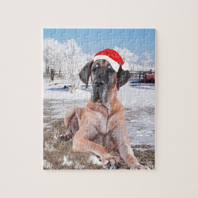 Cute Great Dane Dog Sitting In Snow Christmas Hat Jigsaw Puzzle (Vertical)