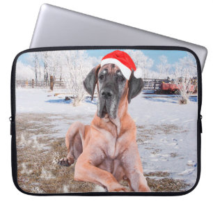Cute Great Dane Dog Sitting In Snow Christmas Hat Laptop Sleeve