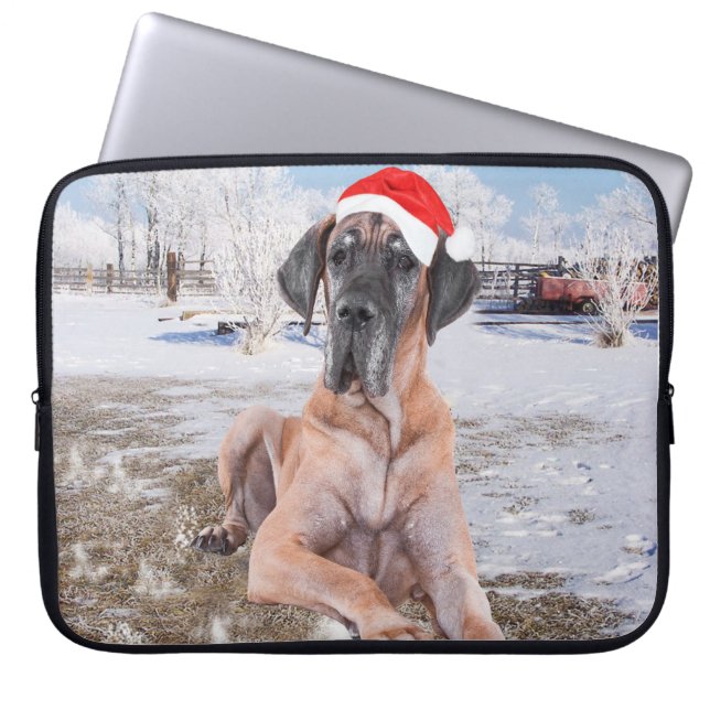 Cute Great Dane Dog Sitting In Snow Christmas Hat Laptop Sleeve (Front)