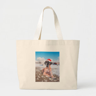 Cute Great Dane Dog Sitting In Snow Christmas Hat Large Tote Bag