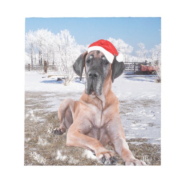 Cute Great Dane Dog Sitting In Snow Christmas Hat Notepad (Front)