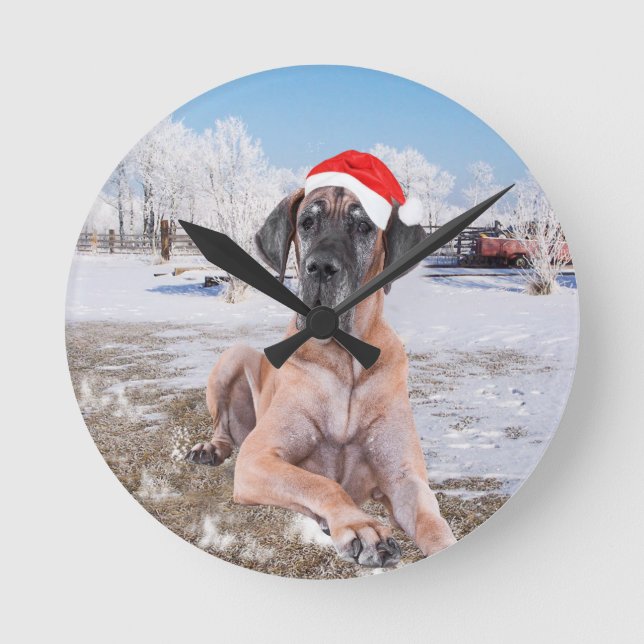 Cute Great Dane Dog Sitting In Snow Christmas Hat Round Clock (Front)