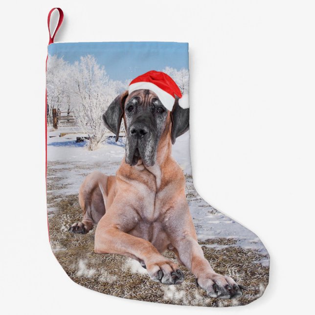 Cute Great Dane Dog Sitting In Snow Christmas Hat Small Christmas Stocking (Front)