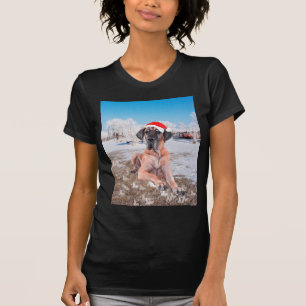 Cute Great Dane Dog Sitting In Snow Christmas Hat T-Shirt