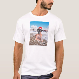 Cute Great Dane Dog Sitting In Snow Christmas Hat T-Shirt