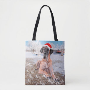 Cute Great Dane Dog Sitting In Snow Christmas Hat Tote Bag