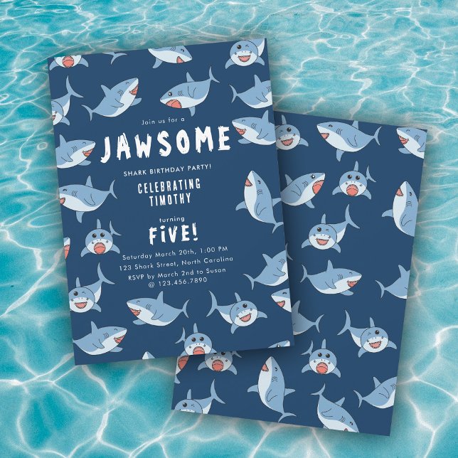 Cute Great White Sharks Ocean Birthday Party Invitation (Cute Great White Sharks Ocean Birthday Party Invitation)