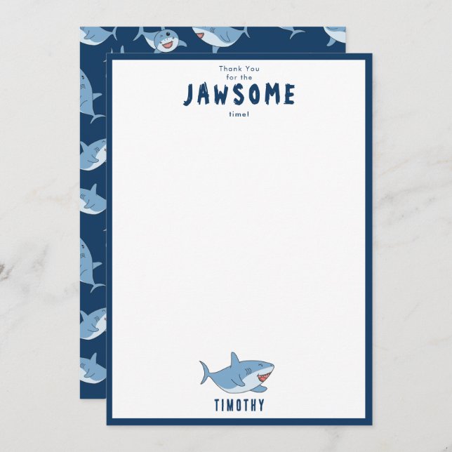 Cute Great White Sharks Ocean Birthday Party Thank You Card (Front/Back)