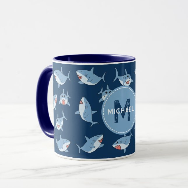 Cute Great White Sharks Ocean Monogram Kids Mug (Front Left)