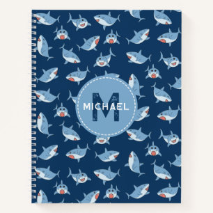 Cute Great White Sharks Ocean Monogram Kids Notebook