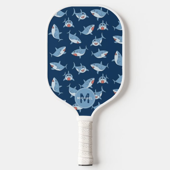 Cute Great White Sharks Ocean Pattern Monogram Pickleball Paddle (Front)