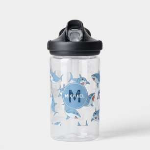 Cute Great White Sharks Ocean Pattern Monogram Water Bottle