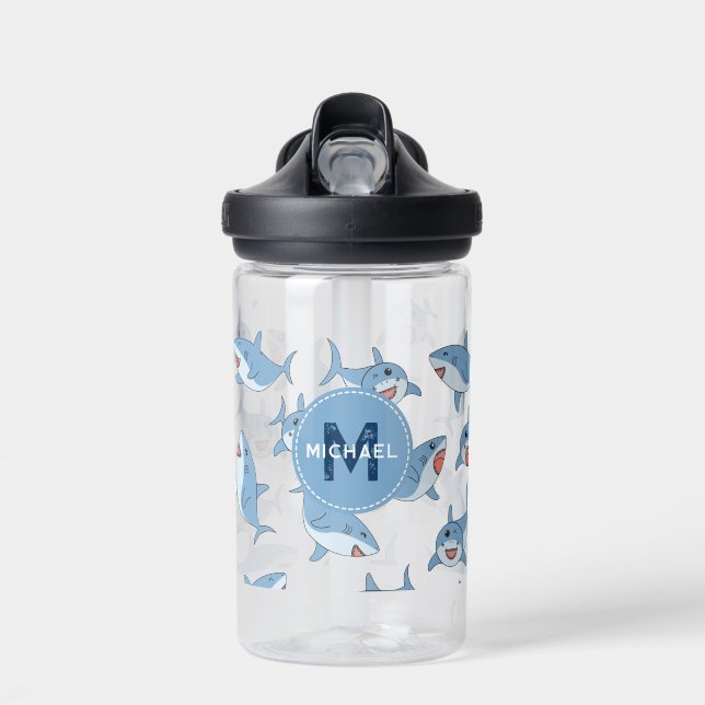 Cute Great White Sharks Ocean Pattern Monogram Water Bottle (Front)