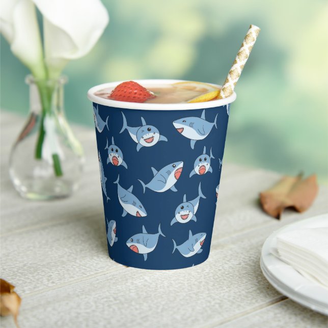 Cute Great White Sharks Ocean Pattern Paper Cups (Insitu)