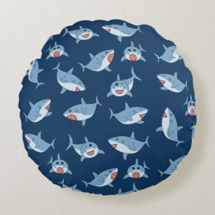 Cute Great White Sharks Ocean Pattern Round Cushion