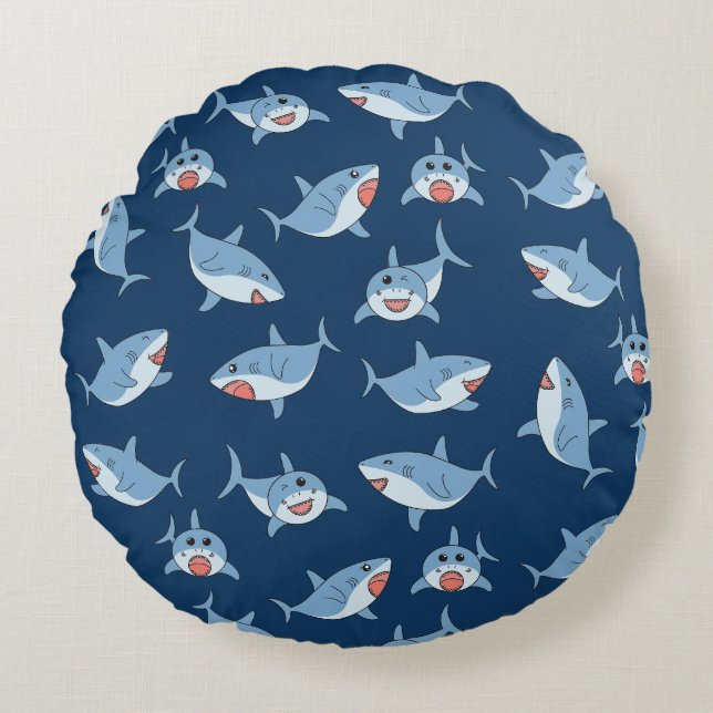 Cute Great White Sharks Ocean Pattern Round Cushion (Front)