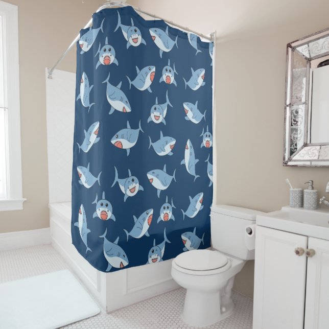 Cute Great White Sharks Ocean Pattern Shower Curtain (In Situ)