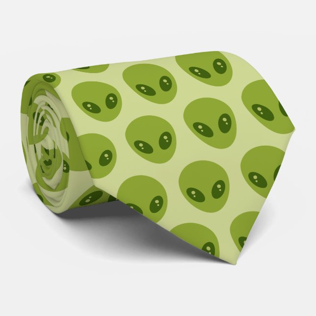 Cute Green Alien Heads Pattern Tie (Rolled)