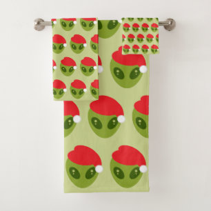 Cute Green Alien in Santa Hat Pattern Bath Towel Set