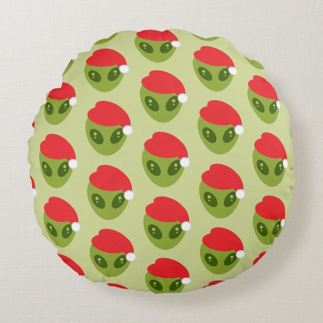 Cute Green Alien in Santa Hat Pattern Round Cushion (Front)