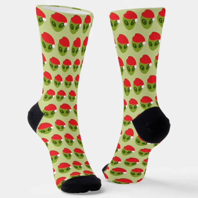 Cute Green Alien in Santa Hat Pattern Socks (Angled)