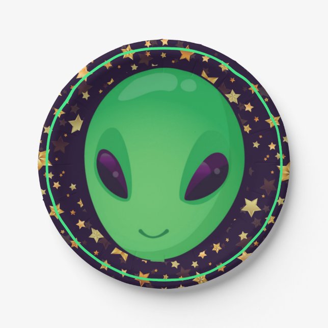 Cute Green Alien On Gold Stars Fun Paper Plate (Front)