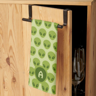Cute Green Alien Pattern Monogram Tea Towel
